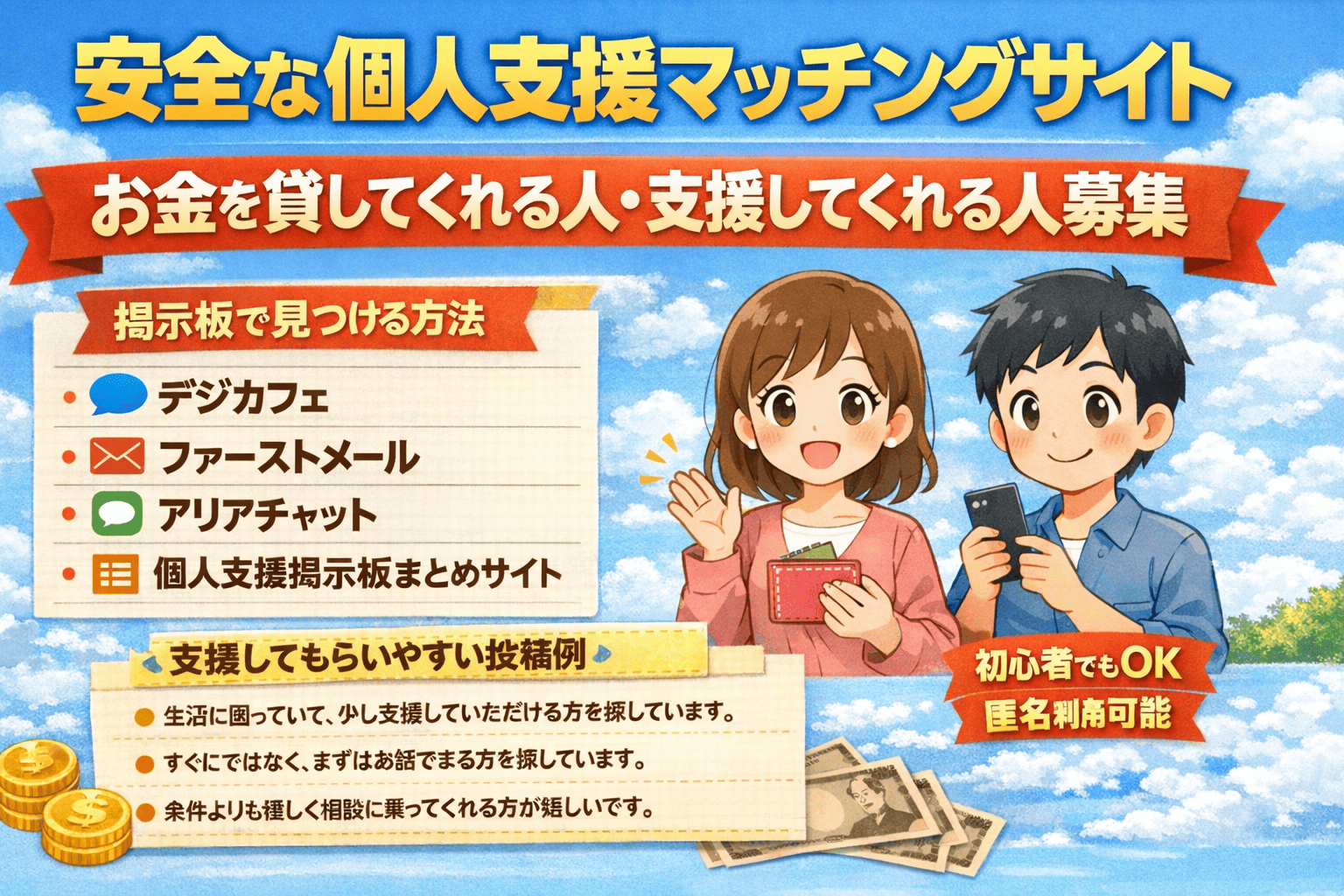 誰かお金を貸してくれたりもらえたりしたいなら安全な個人支援マッチングサイトは?